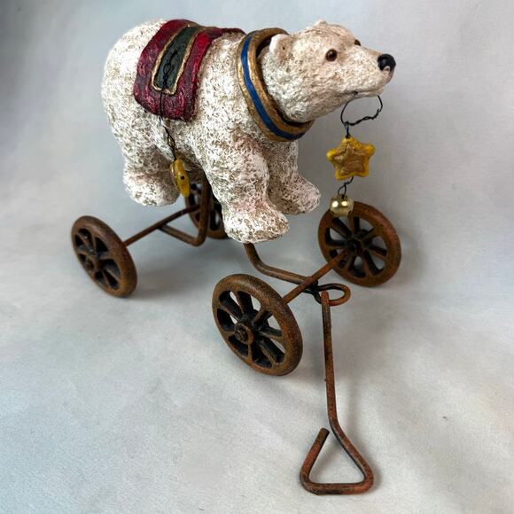Vintage Rustic Holiday Christmas Polar Bear Wagon Figurine On Wheels - Picture 2 of 6